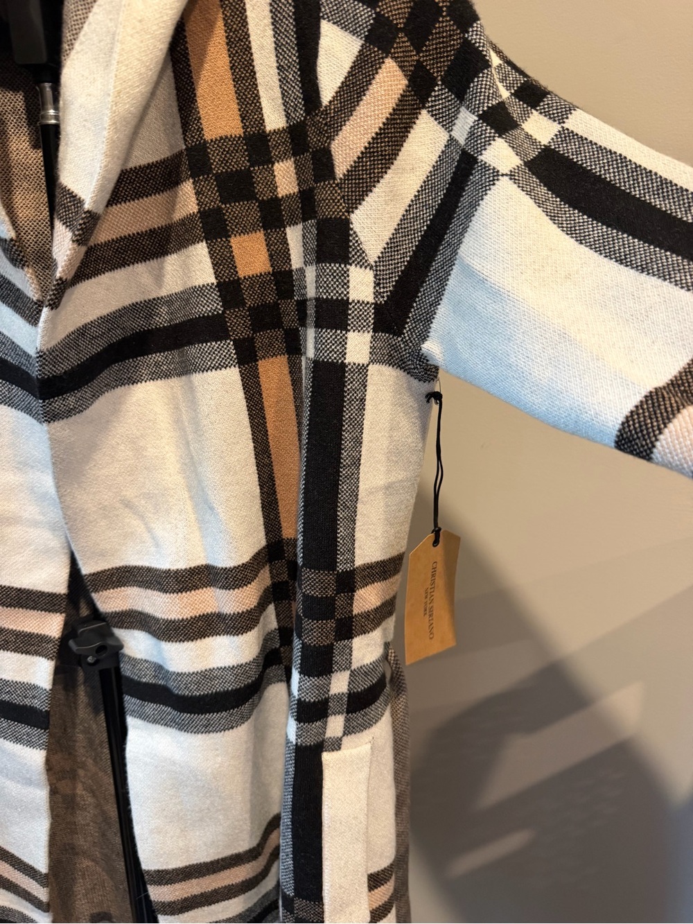 Christian Siriano Plaid Hooded Trench Coat in Cream, Black & Brown - Picture 2 of 5